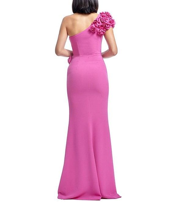 Dress the Population Aubrielle 3D Floral Asymmetrical Neck One Shoulder Short Sleeve Side Slit Gown Product Image