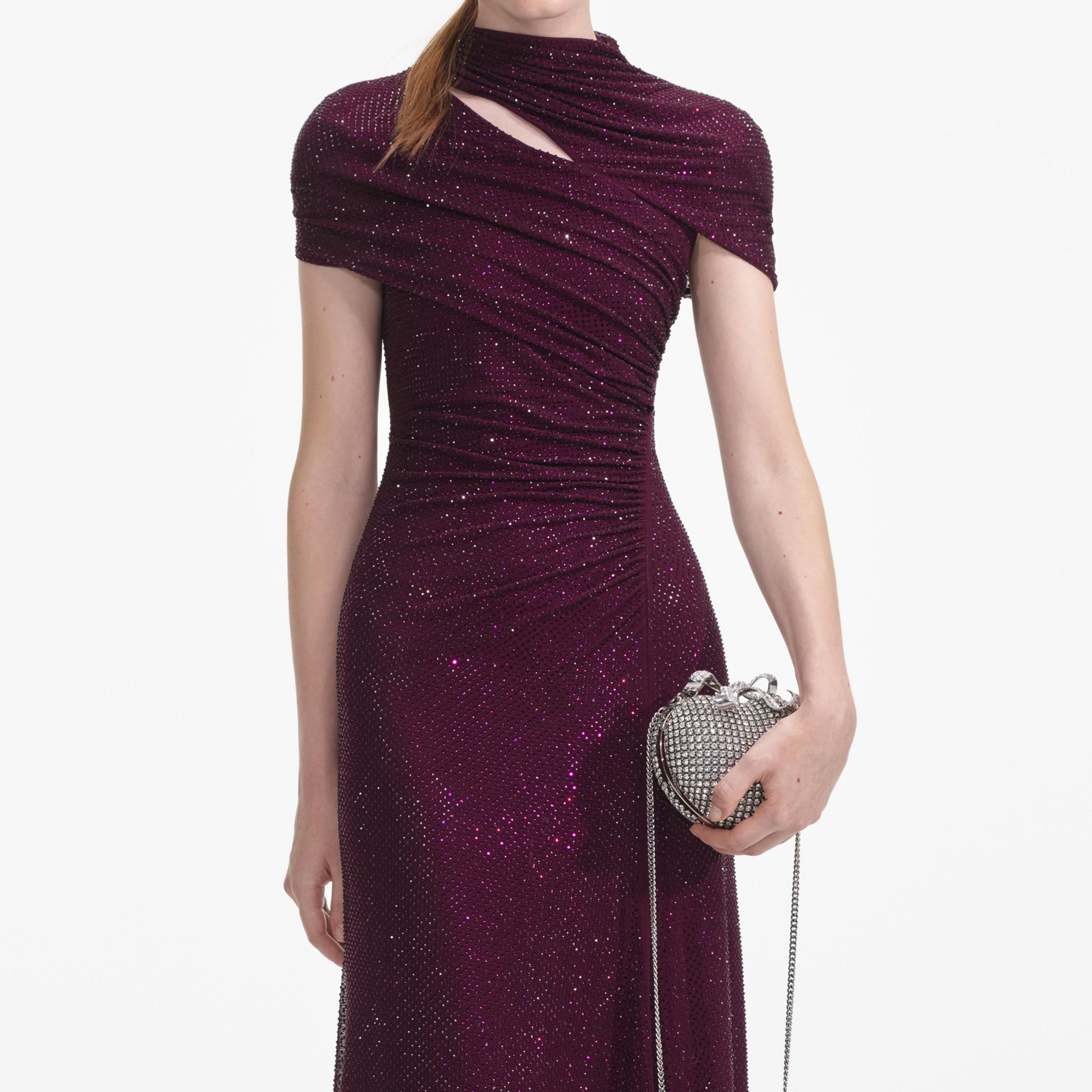 Burgundy Rhinestone Mesh Cut Out Midi Dress Product Image