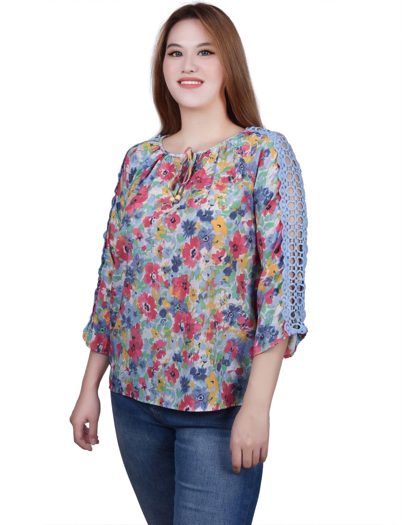 3/4 Length Sleeve Crochet Detail Blouse Product Image