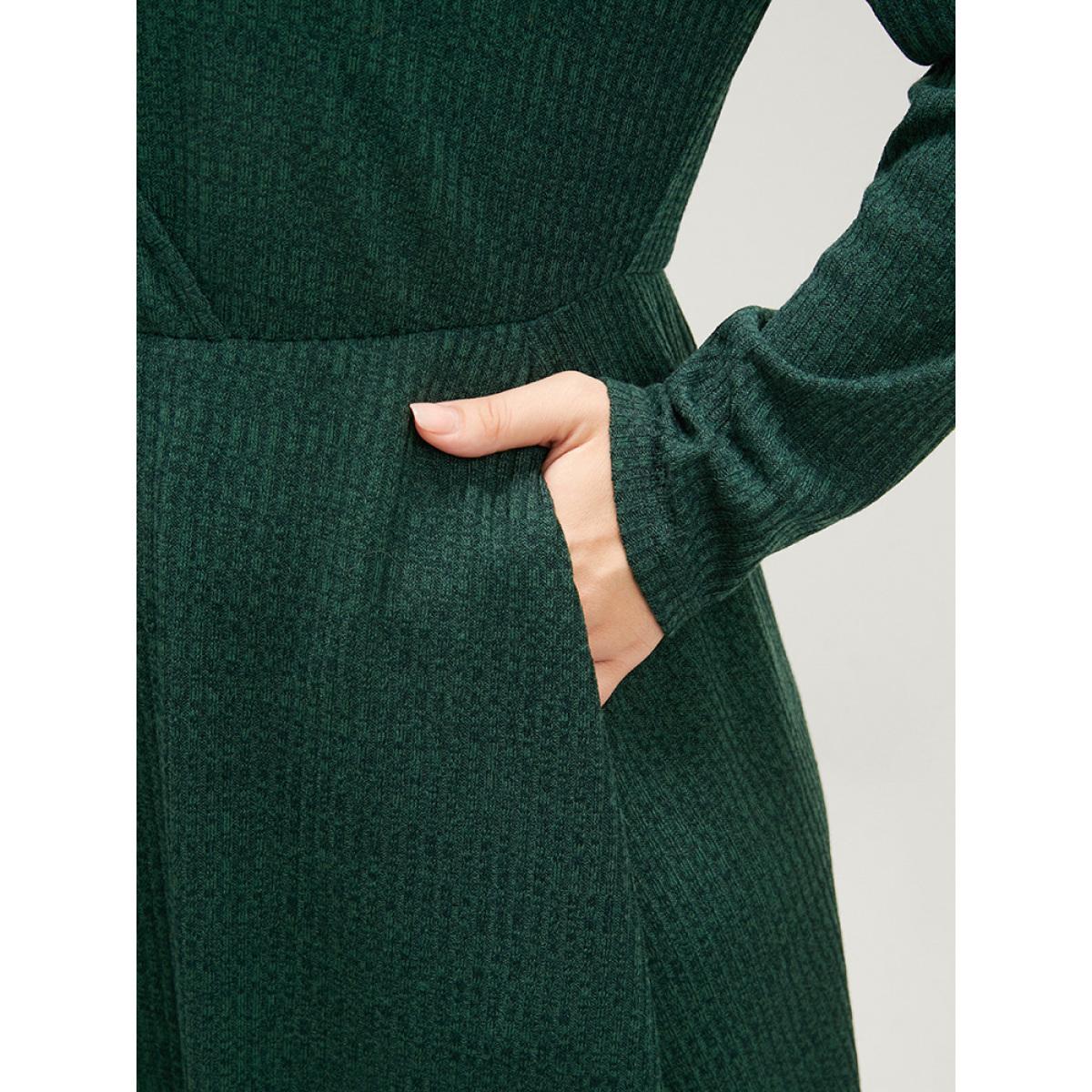 Plus Size Solid Pocket Surplice Neck Rib Knit Marled Dress DarkGreen Women Elegant V-neck Long Sleeve Curvy Midi Dress BloomChic 28/5X Product Image