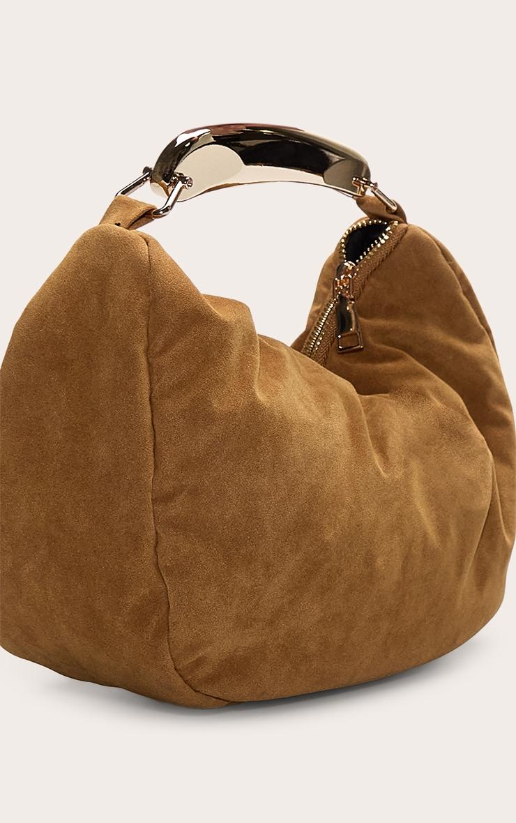 Tan Faux Suede Gold Abstract Handle Hand Bag Product Image