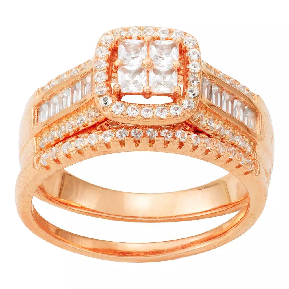 Designs by Gioelli Sterling Silver Lab-Created White Sapphire Square Ring Set, Womens Pink Tone Product Image