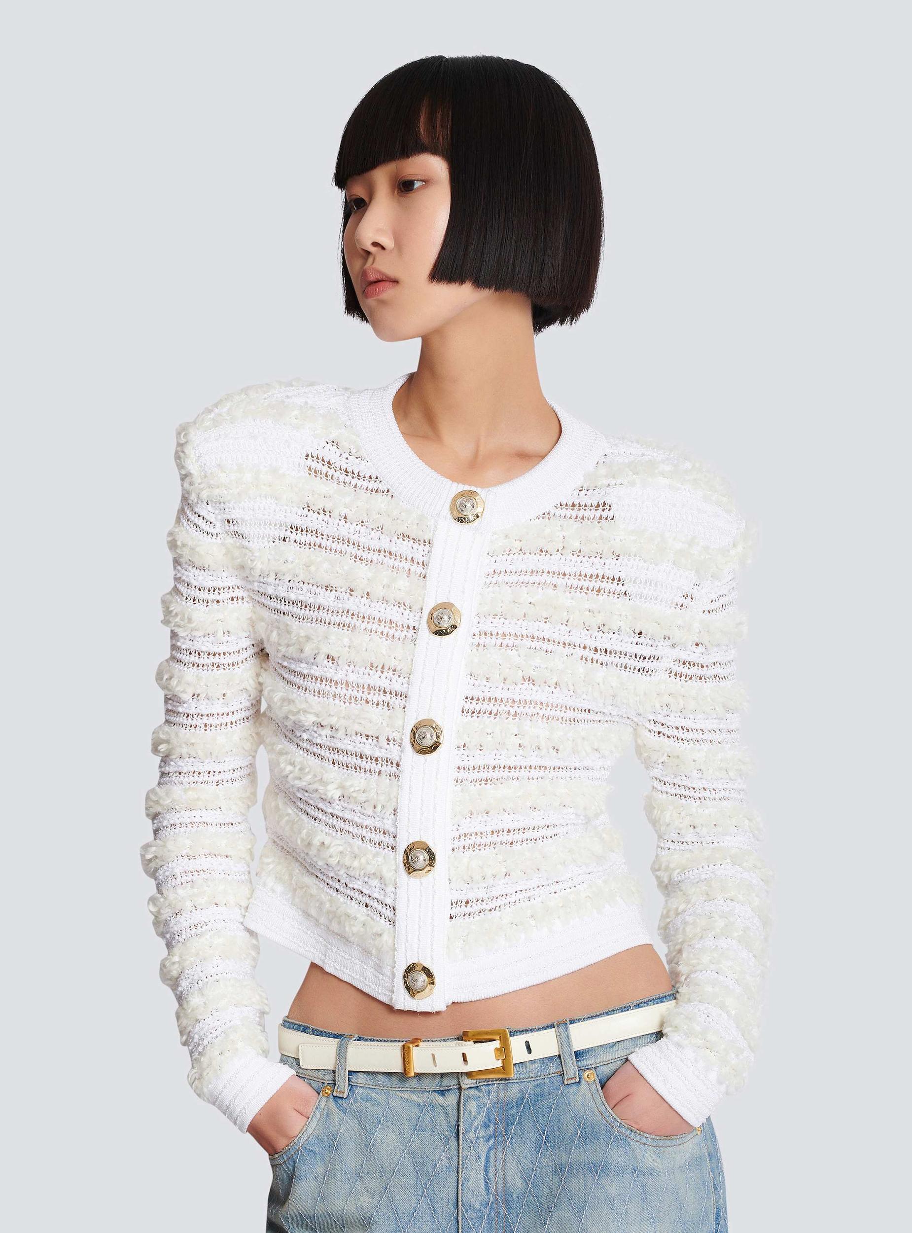 Long-sleeved tweed-effect knit cardigan Product Image