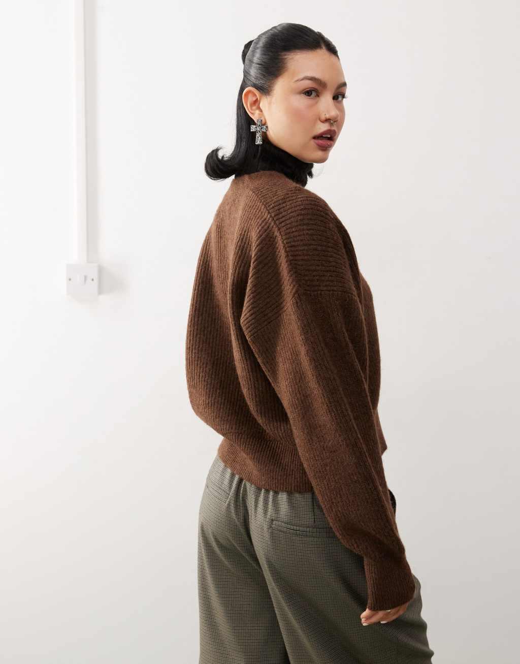 COLLUSION knit balloon sleeve cardigan in mocha Product Image