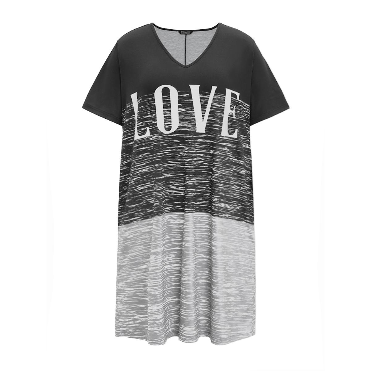 Plus Size Letter Print Colorblock Contrast Pocket V Neck Dress Black Women Casual Plain Curvy Knee Dress BloomChic 10/M Product Image