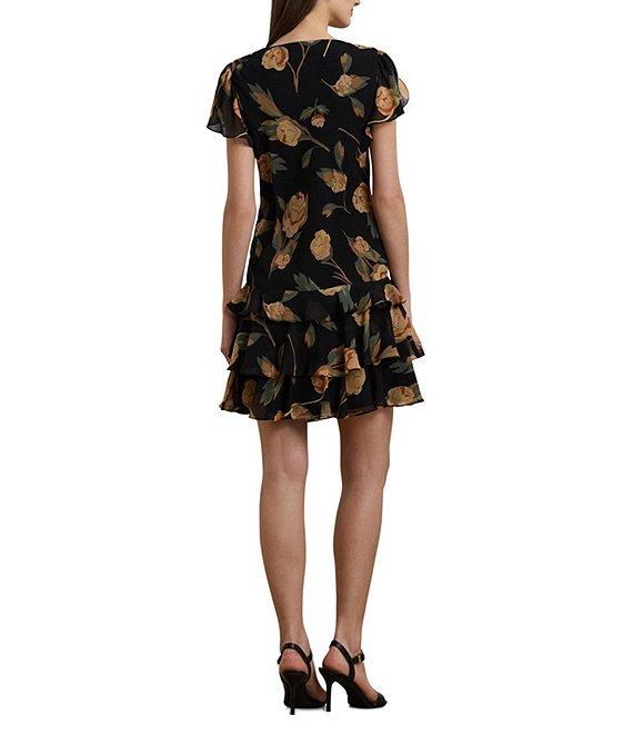 Lauren Ralph Lauren Georgette Floral Print V Neck Short Sleeve Ruffle Drop Waist Mini Dress Product Image