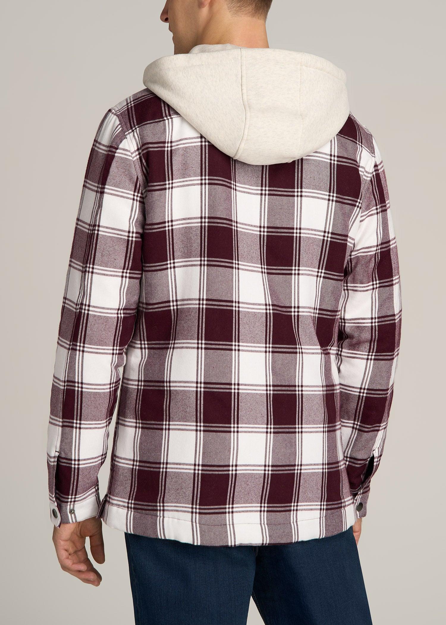 Hooded Flannel Shirt Jacket for Tall Men in Maroon & White Plaid Product Image