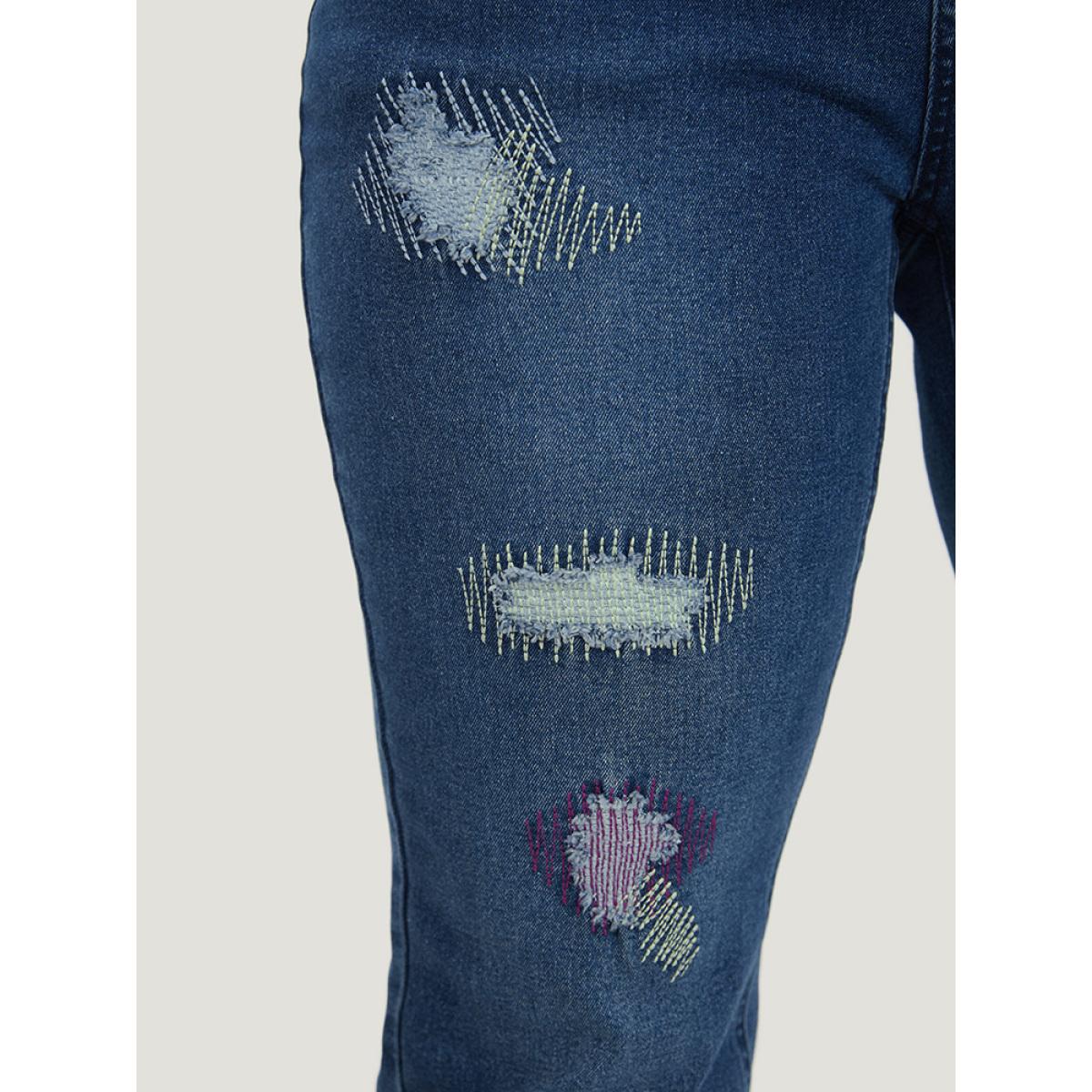 Plus Size Ripped Embroidered Roll Hem Very Stretchy Jeans Women Stone Casual Plain Distressed High stretch Pocket Jeans BloomChic 10/M Product Image