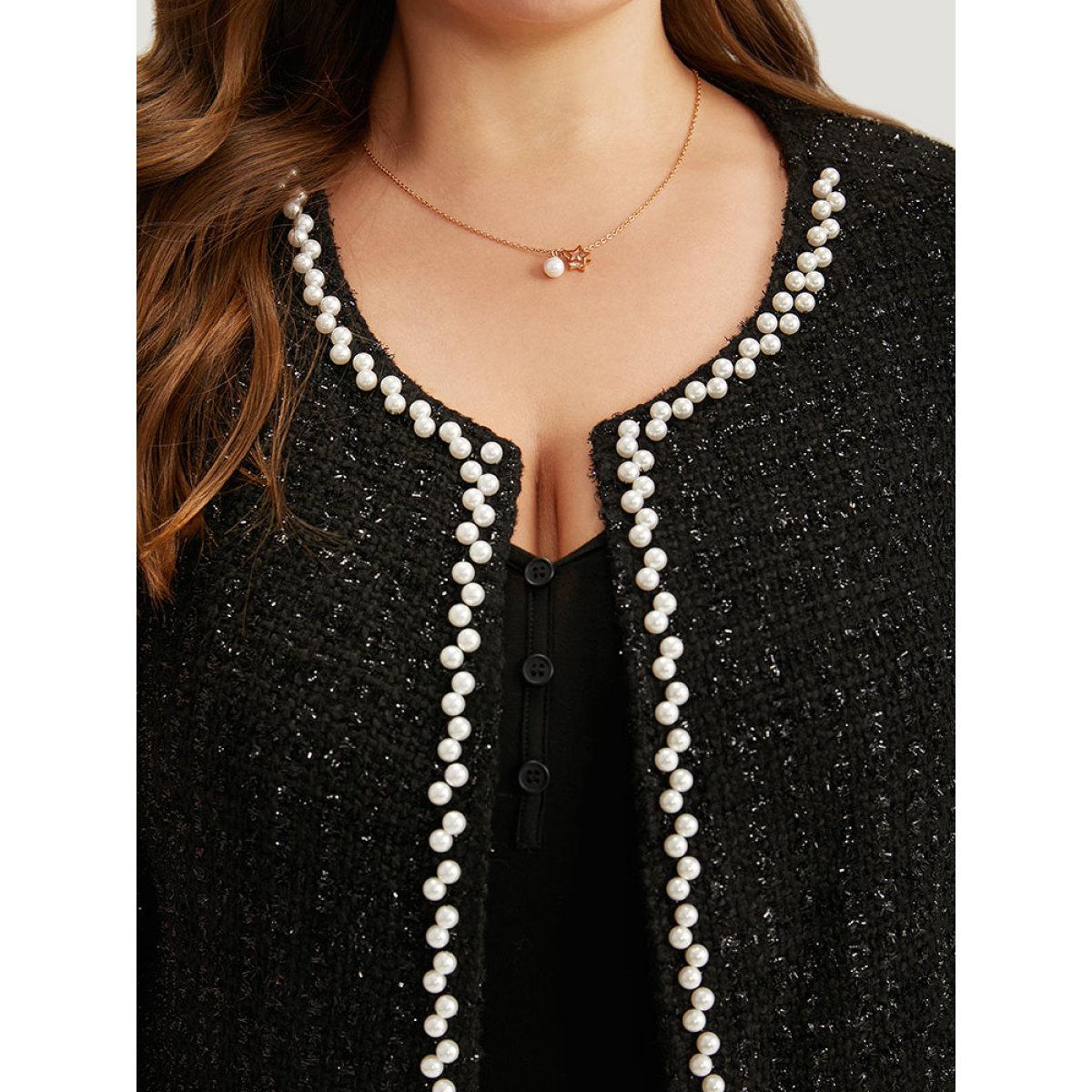 Plus Size Pearl Tweed Beaded Texture Pocket Blazer Women Black Elegant Texture Ladies Dailywear Winter Coats BloomChic 30/6X Product Image
