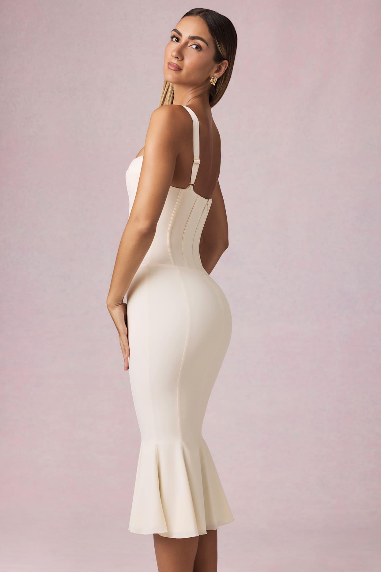 Layered Bra-Detail Fishtail Midaxi Dress in Ivory Product Image