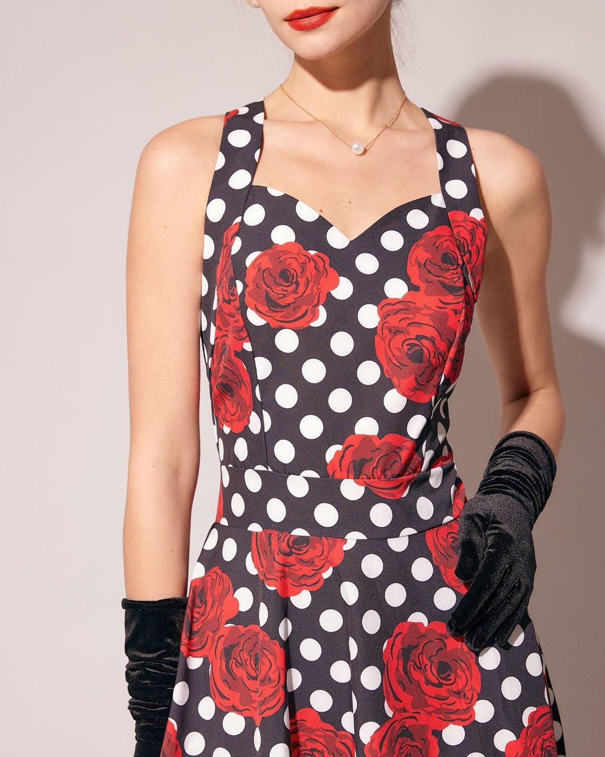 The Sweetheart Neck Polka Dot Rose Halter Midi Dress Product Image