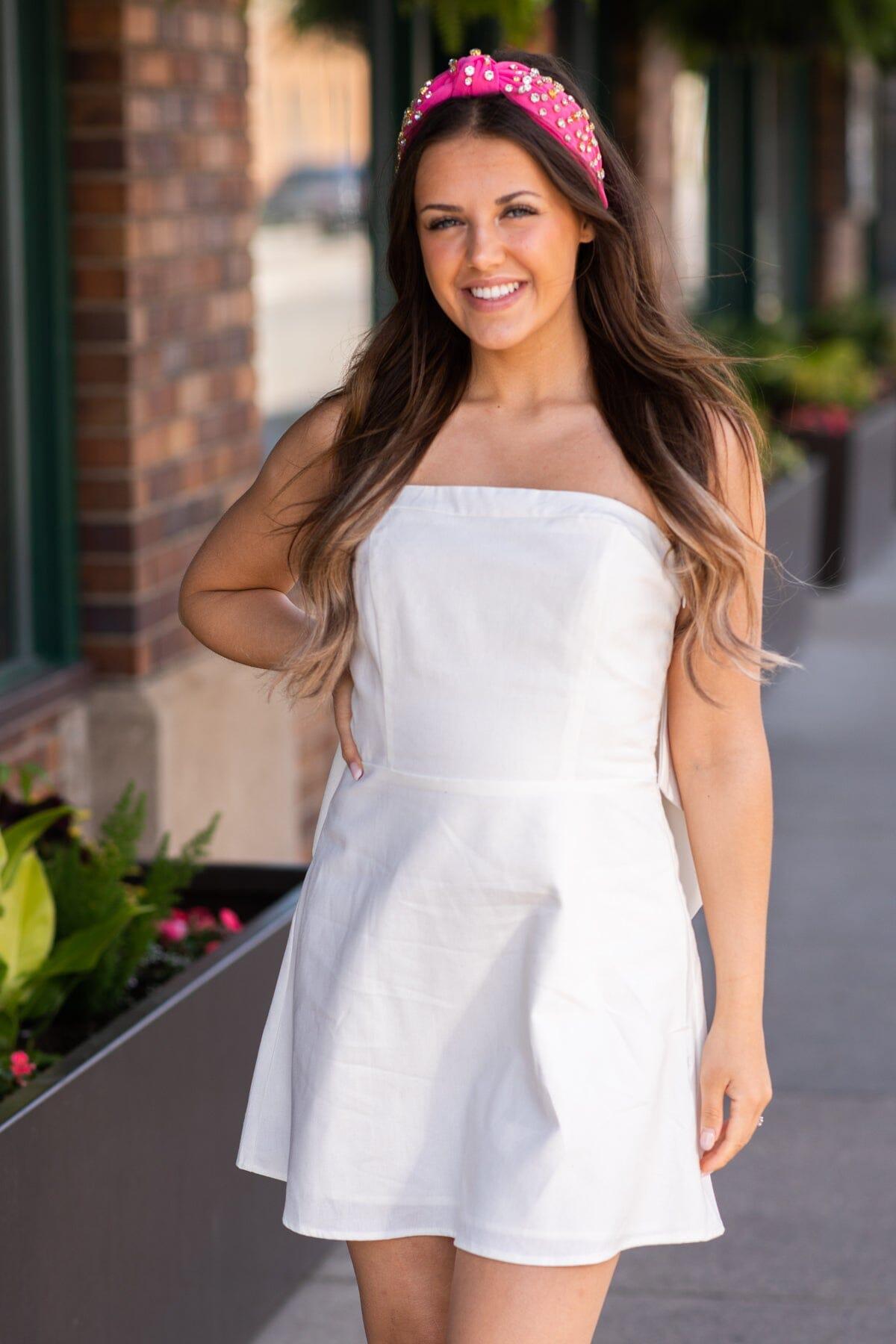 Off White Strapless Dress With Back Bow Detail Product Image