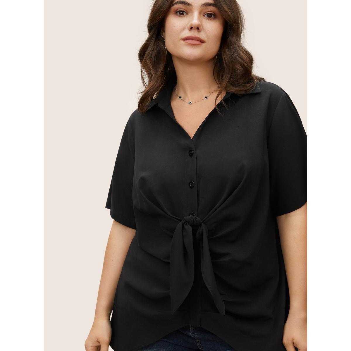 Plus Size Black Plain Tie Knot Stretchy Woven Pleated Blouse Women Work From Home Short sleeve Shirt collar Work Blouses BloomChic 18-20/2X Product Image