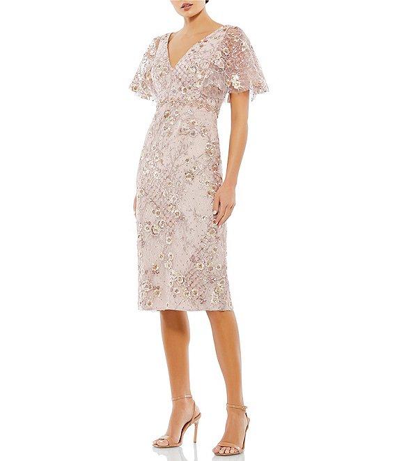 Mac Duggal Floral Embellished Mesh V-Neck Flutter Short Sleeve Sheath Dress Product Image