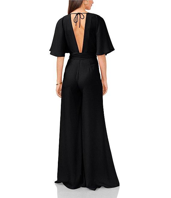 Vince Camuto Crinkle Twill V-Neck Short Sleeve Belted Wide Leg Jumpsuit Product Image