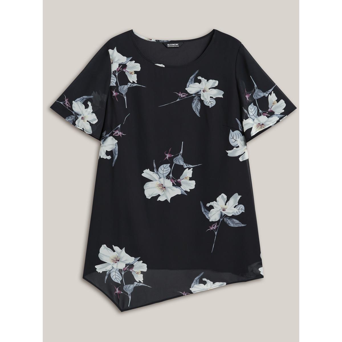 Plus Size Black Chiffon Floral Round Neck Shirt Women Timeless Short sleeve Round Neck Elegant Blouses BloomChic 30/6X Product Image