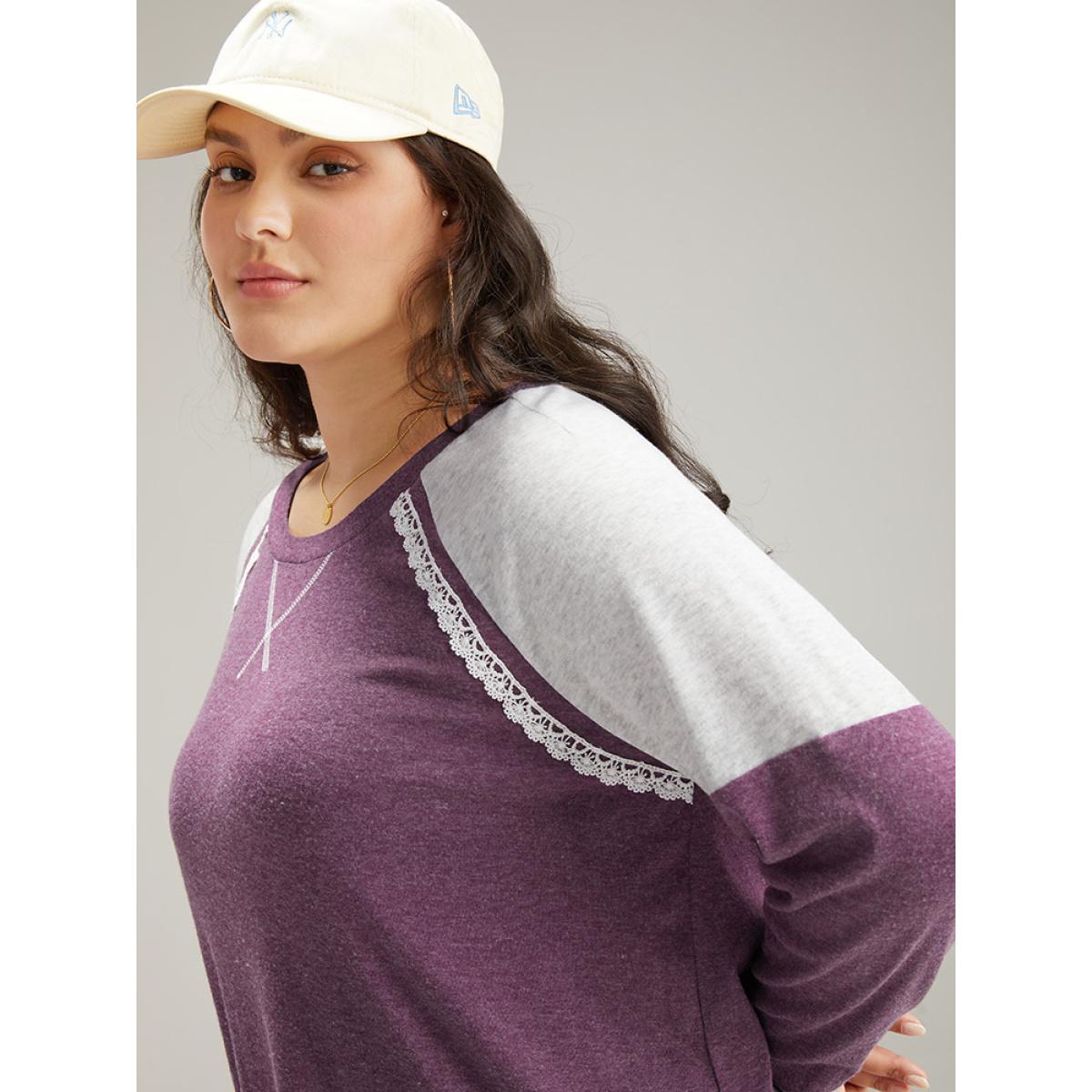 Plus Size Two Tone Lace Trim Stitch Raglan Sleeve T-shirt Mauve Women Casual Contrast Plain Round Neck Dailywear T-shirts BloomChic 12/L Product Image