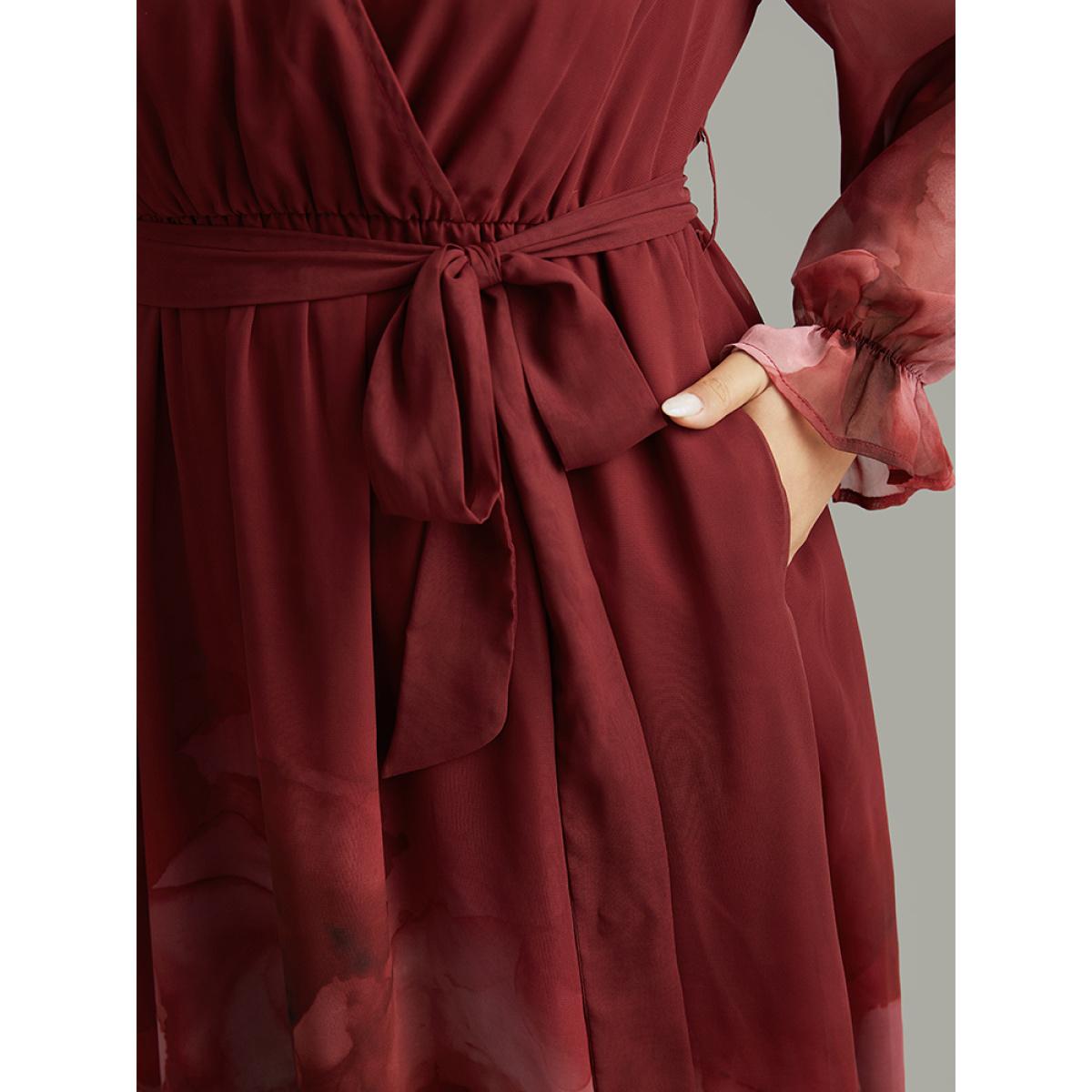 Plus Size Floral Mesh V Neck Belted Dress Scarlet Women Vacation Wrap Overlap Collar Long Sleeve Curvy Midi Dress BloomChic 30/6X Product Image