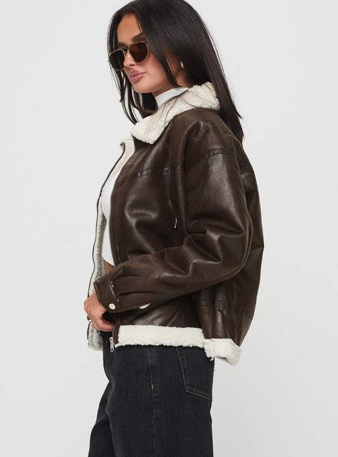 Solara Faux Leather Shearling Jacket Chocolate Product Image