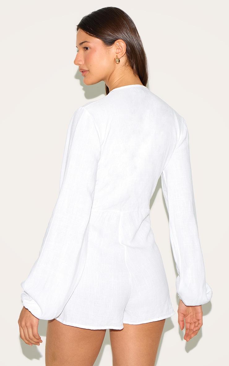White Long Sleeve Plunge Twist Detail Romper Product Image