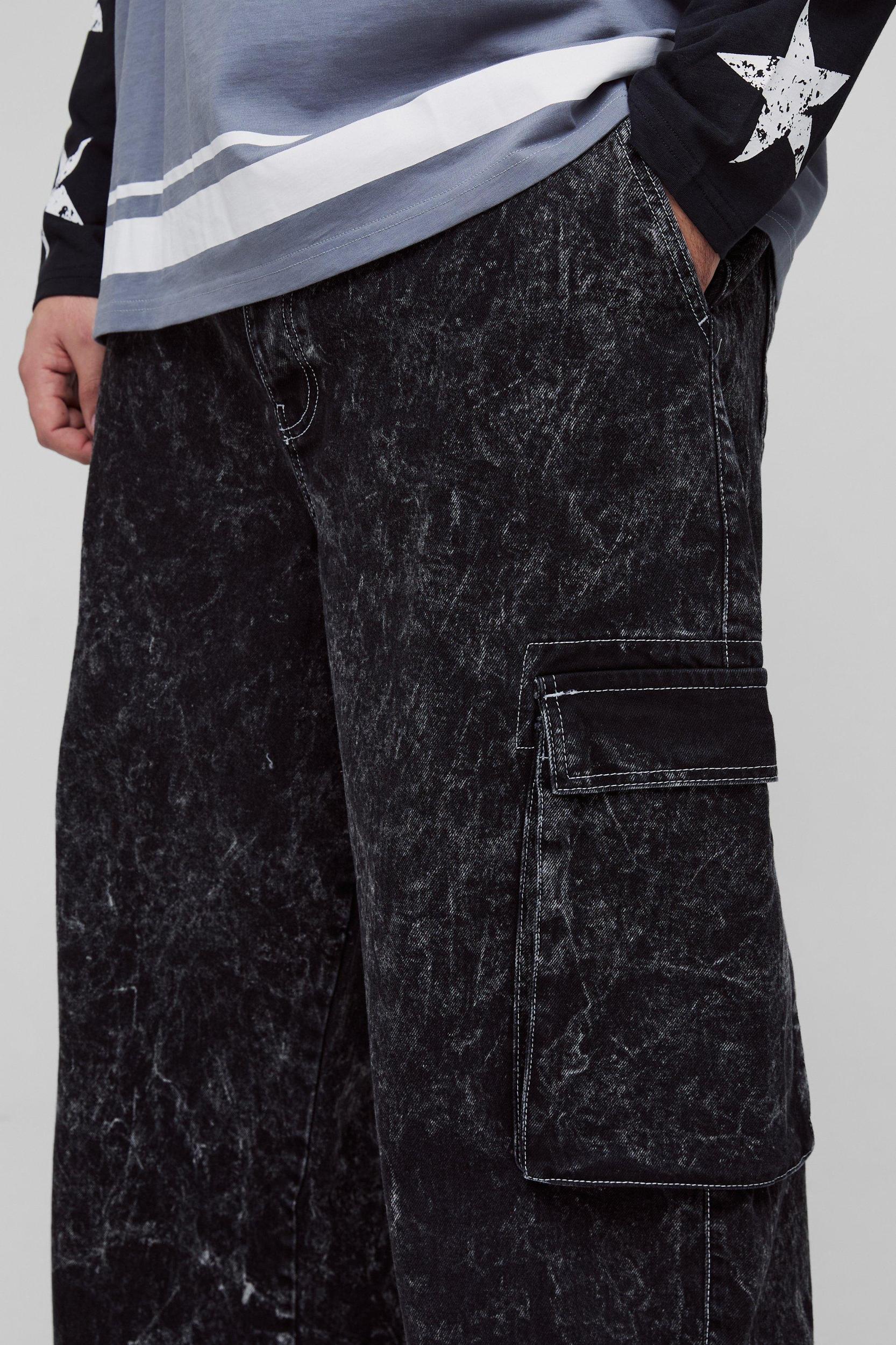 Plus Acid Wash Contrast Stitch Cargo Jeans | boohooMAN USA Product Image