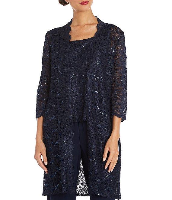 R & M Richards Sequin Glitter Scalloped Lace Scoop Neck 3/4 Sleeve 3-Piece Duster Pant Set Product Image