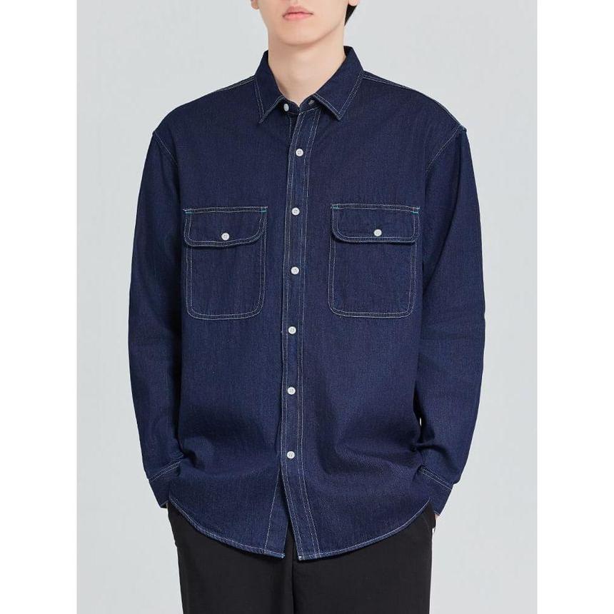 Long Sleeve Collared Denim Cargo Shirt Product Image