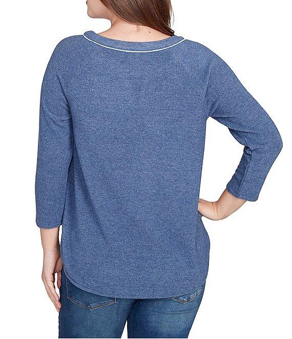 Ruby Rd. Petite Size Soft Hatchi Knit Keyhole Neck 3/4 Sleeve Top Product Image