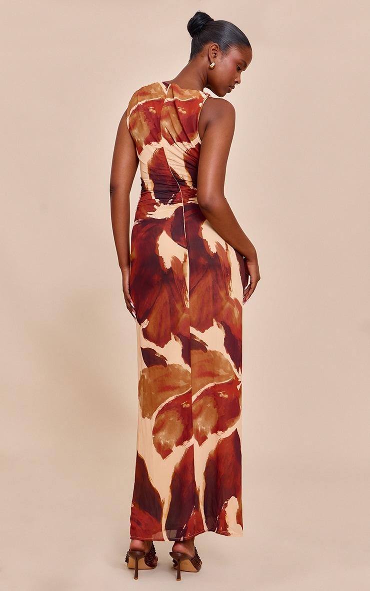 Brown Floral Printed Floral Chiffon Ruched Maxi Dress Product Image