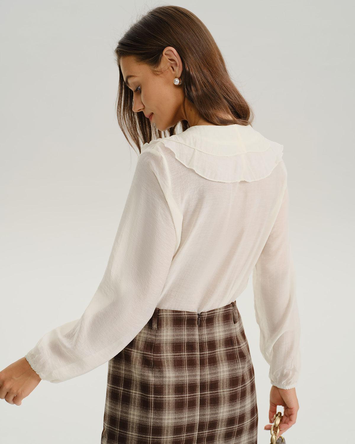 White V Neck Ruffle Loose Shirt Product Image