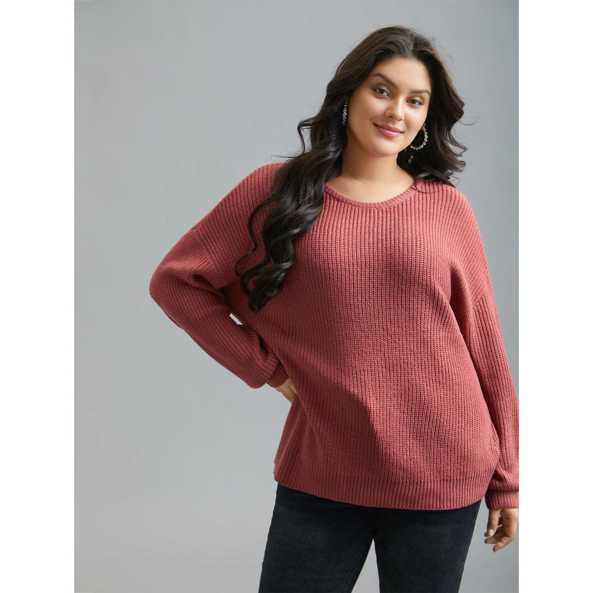 Plus Size Open Wrap Back Textured Tied Pullover Rust Women Casual Loose Long Sleeve Round Neck Everyday Pullovers BloomChic 28/5X Product Image