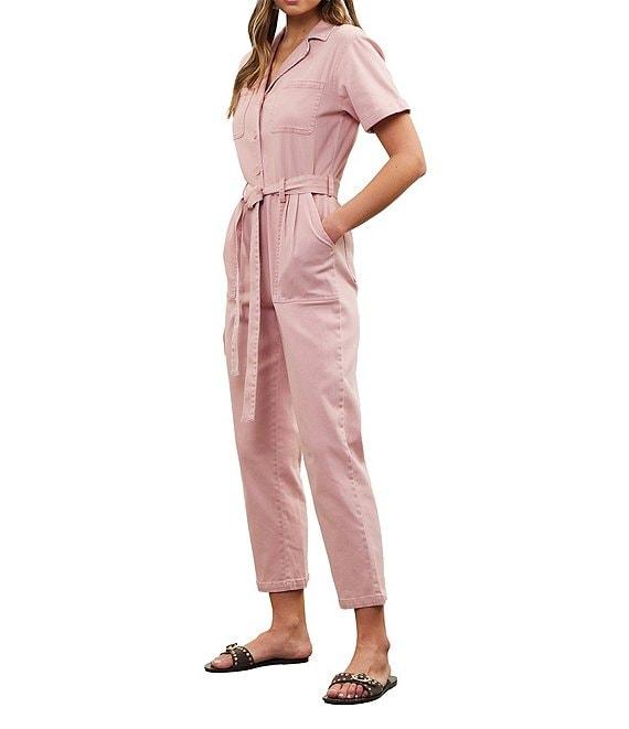 Skies Are Blue Washed Notch Collar Cuffed Short Sleeve Button Front Belted Utility Flight Suit Product Image