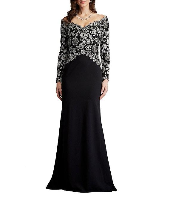 Tadashi Shoji Embroidered Lace Crepe Off The Shoulder Long Sleeve Gown Product Image