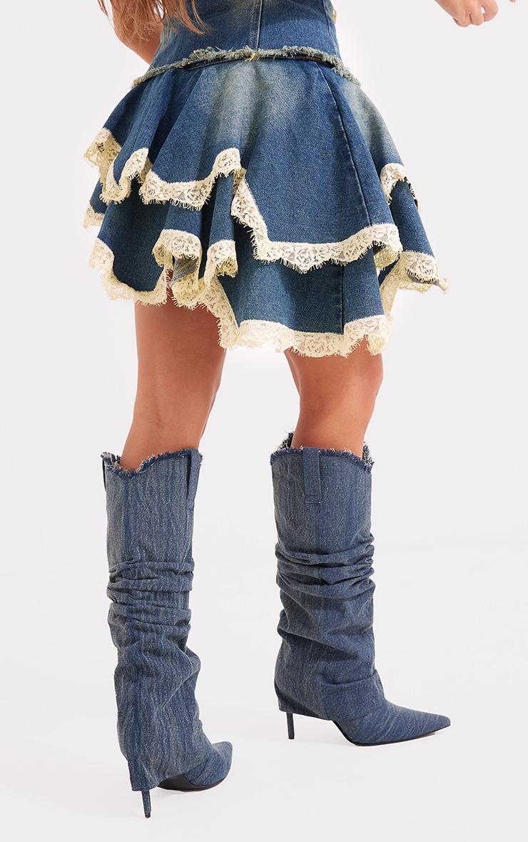 Mid Blue Wash Lace Trim Freyed Edge Denim Skater Skirt Product Image