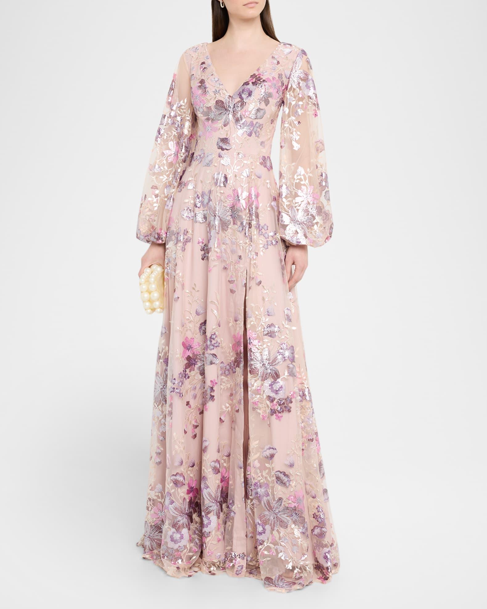 Balloon-Sleeve Metallic Embroidered Gown Product Image