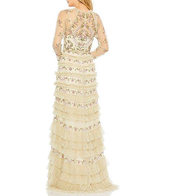Mac Duggal Polka Dot Print Illusion Crew Neck Long Mesh Sleeve Tiered Ruffled Gown Product Image