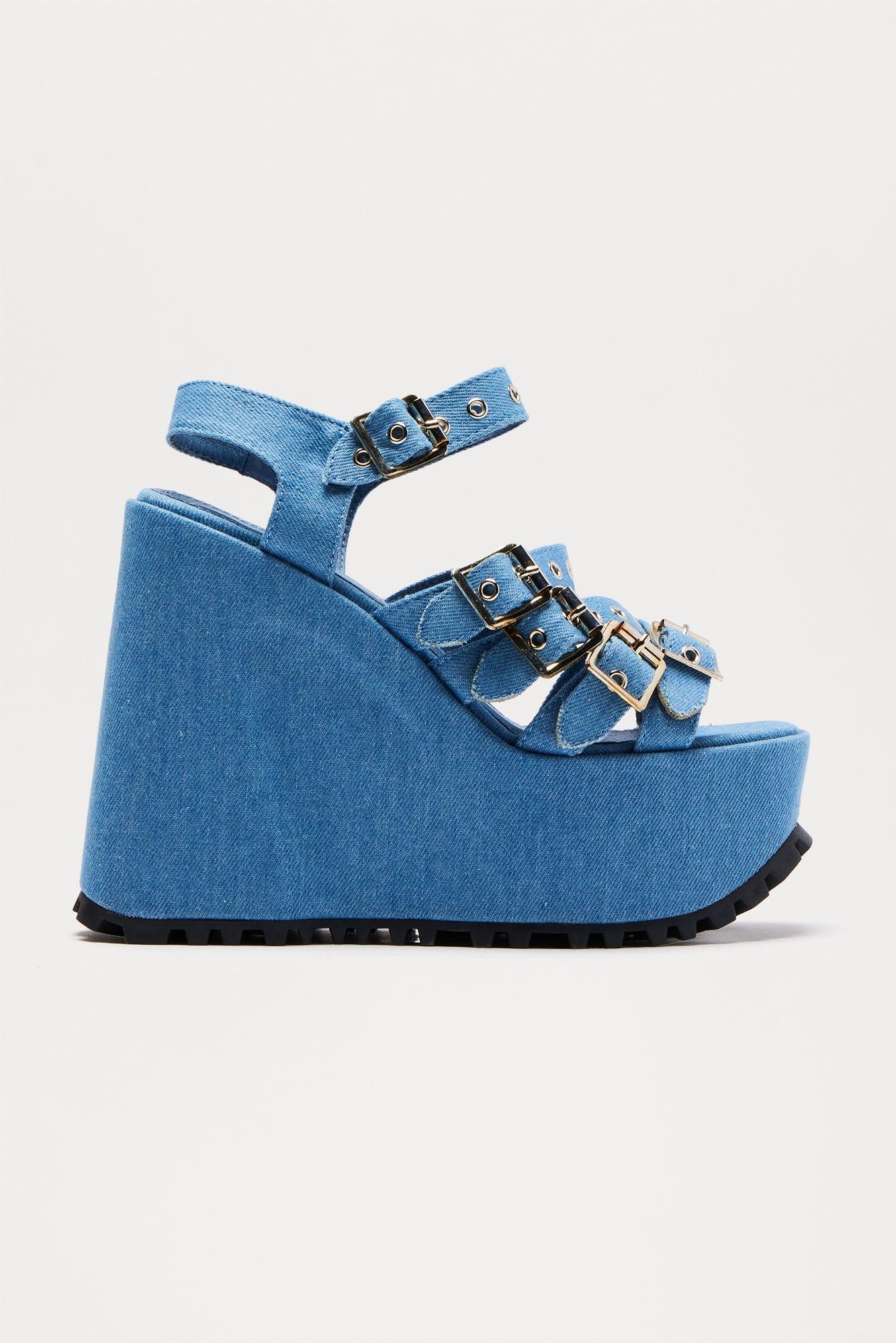 Mikey Buckle Platform Wedges - Blue Product Image