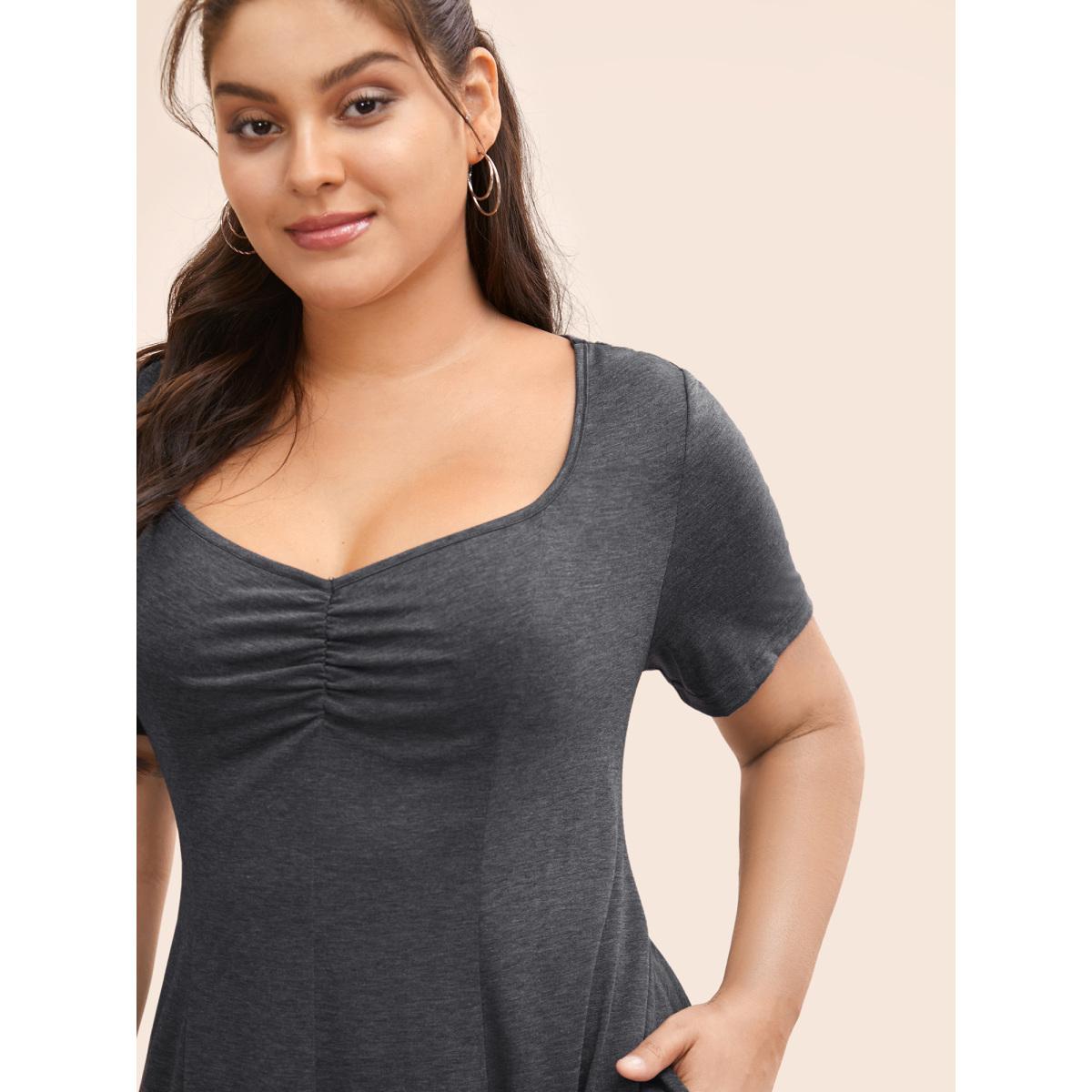 Plus Size Solid Heart Neckline Ruched Dress DarkSlateGray Women Casual Gathered Heart neckline Short sleeve Curvy BloomChic 18-20/2X Product Image