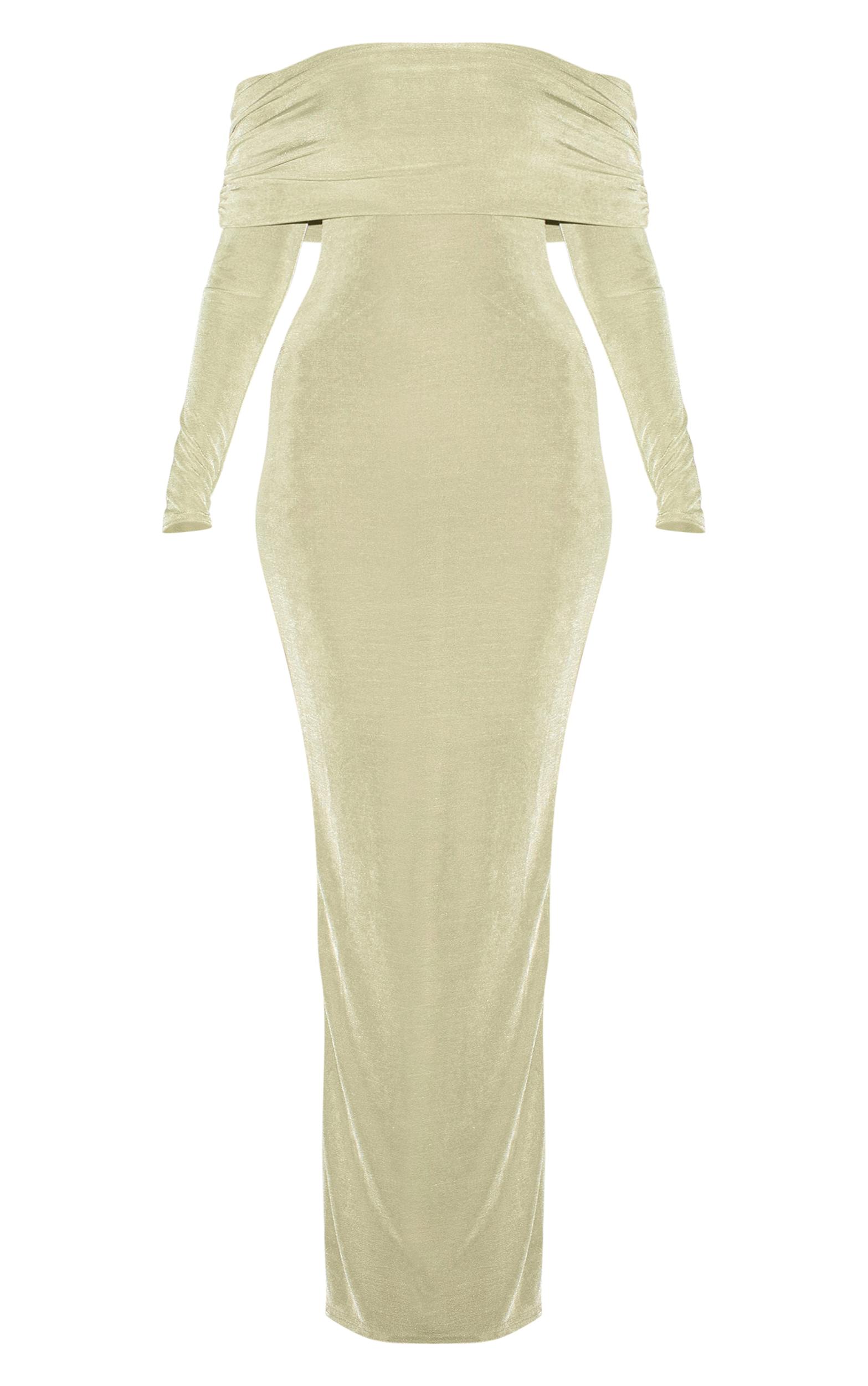 Sage Green Acetate Slinky Bardot Long Sleeve Maxi Dress Product Image