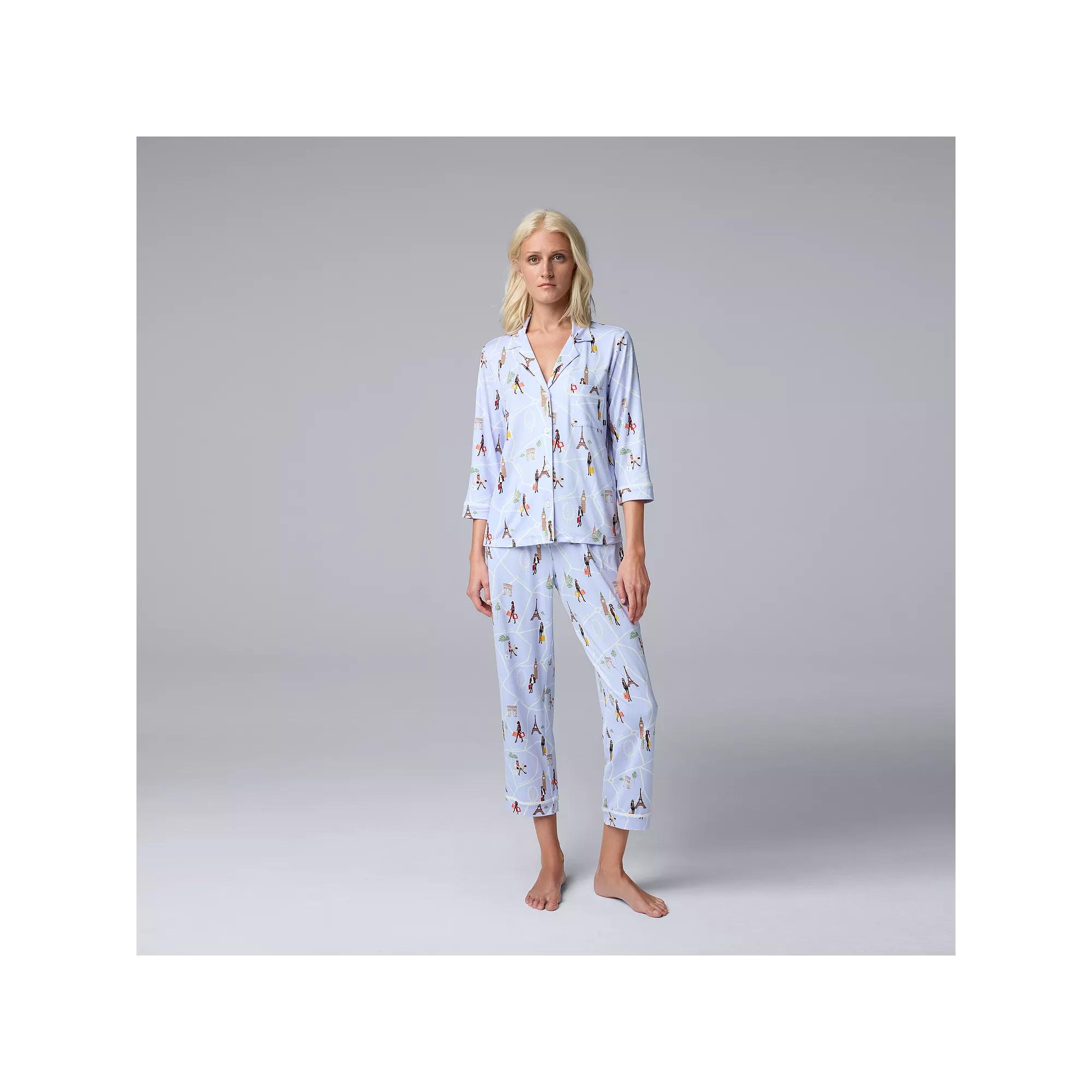 Women's Simply Vera Vera Wang 3/4-Sleeve Pajama Top & Crop Pajama Pants Set, Size: Medium, Peri Novelty Product Image