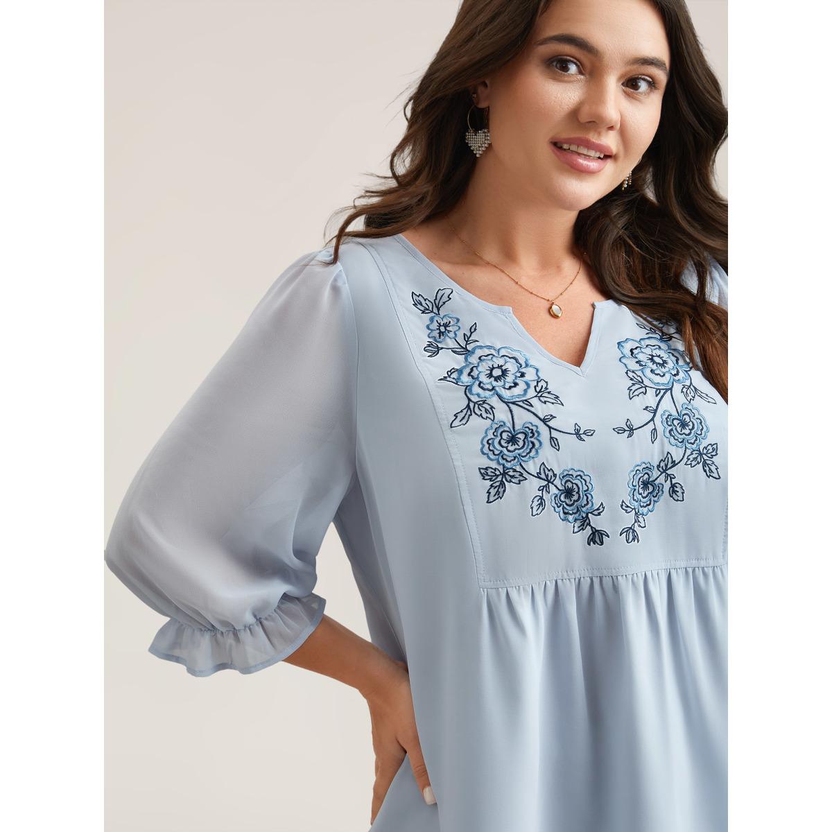 Plus Size LightBlue Chiffon Embroidery Puff Sleeve Pleated Shirt Women Boho Elbow-length sleeve Notched collar Vacation Blouses BloomChic 14-16/1X Product Image