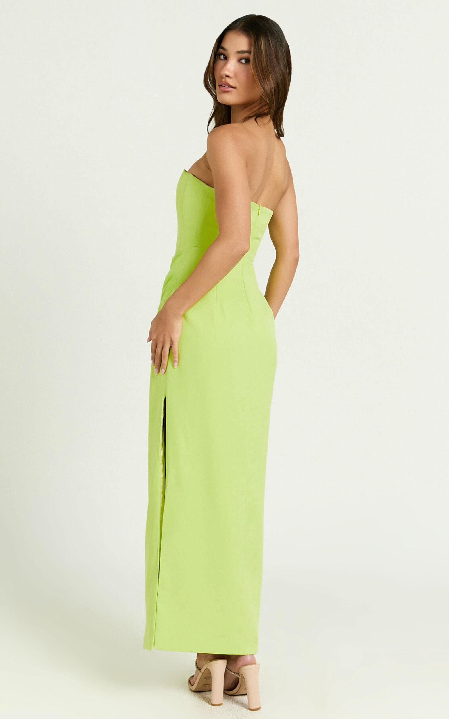 Avery Midi Dress - Strapless Draped Side Split Dress in Lime Product Image