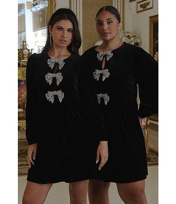 Sugarlips Plus Long Sleeve Bow Velvet Mini Dress Product Image