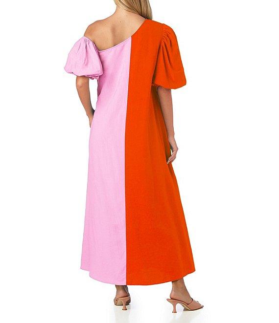 CROSBY by Mollie Burch Lovett Colorblock Asymmetrical Neckline Short Puff Sleeve Linen Maxi Dress Product Image