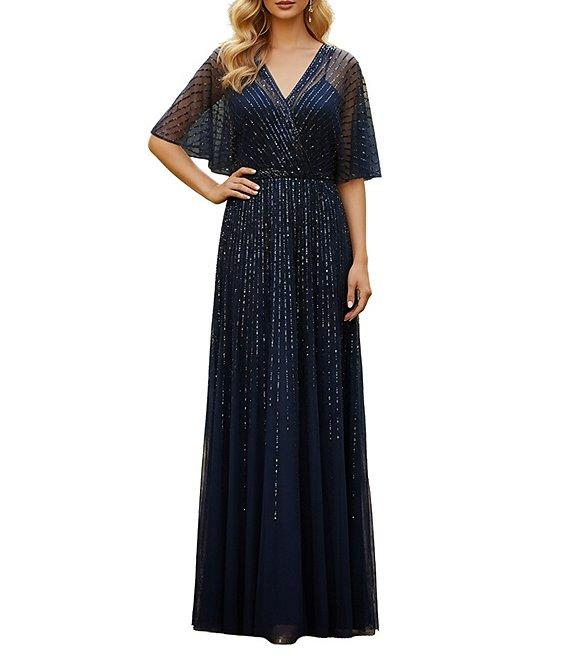 Terani Couture Flutter Sleeve Sequin Mesh Blouson Gown Product Image