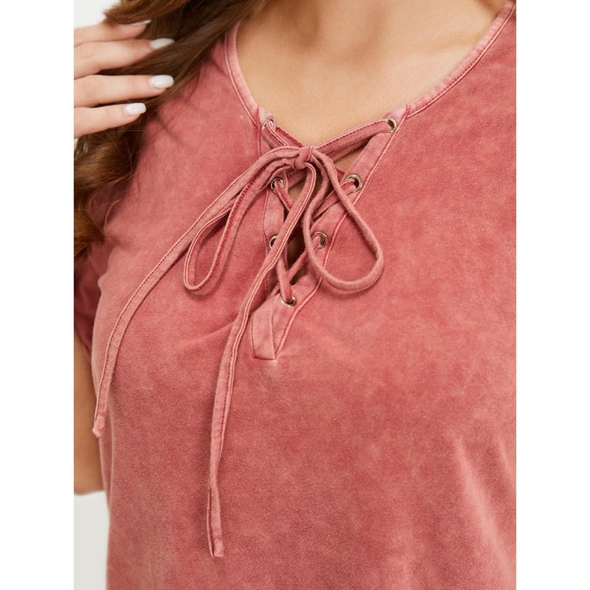 Plus Size Solid Lace Up Crew Neck Vintage T-shirt Rust Women Casual Cross straps Plain Round Neck Dailywear T-shirts BloomChic 12/L Product Image