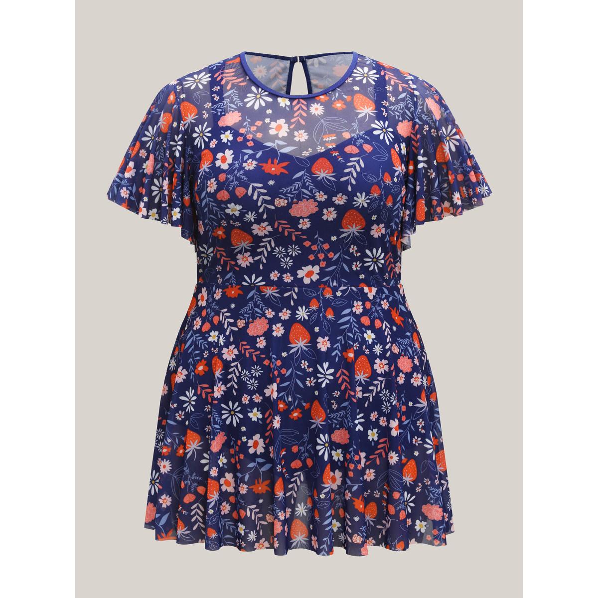 Plus Size Floral Print Mesh Very Stretchy Swim Dress Women's Swimwear Indigo Beach Bodycon Heart neckline High stretch Curve Swim Dresses BloomChic 26/4X Product Image