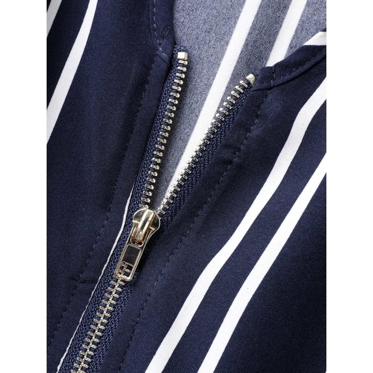 Plus Size Stripe Print Zipper Belted Midi Dress Navy Women Office Shirt collar Sleeveless Curvy BloomChic 30/6X Product Image