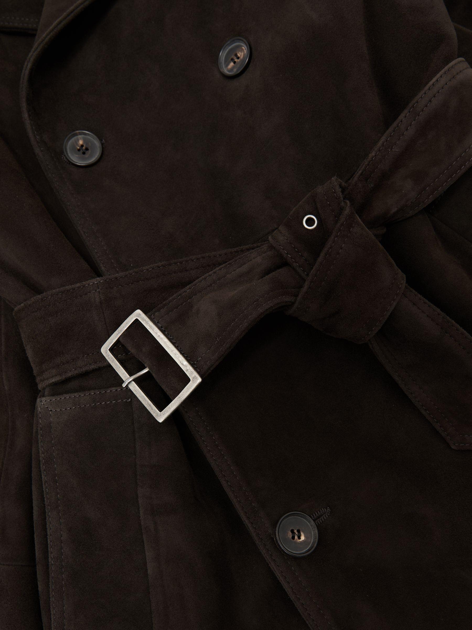 Suede Double-Breasted Trench Coat in Chocolate Brown Product Image