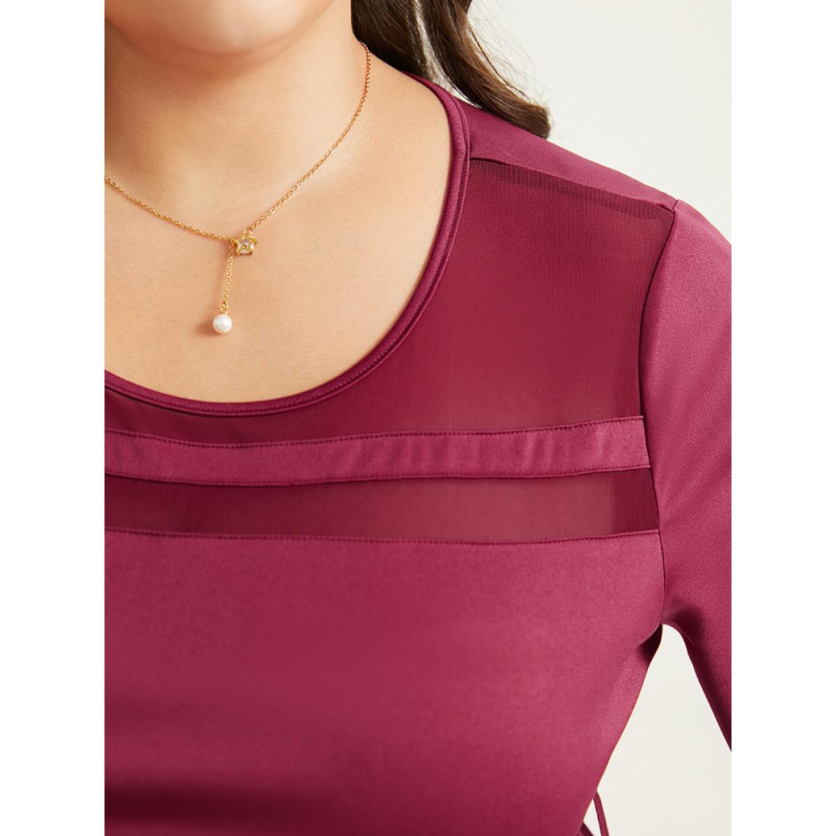 Plus Size Patchwork Mesh Pocket Belted Dress Burgundy Women Elegant See through Round Neck Elbow-length sleeve Curvy Midi Dress BloomChic 26/4X Product Image